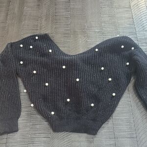 Jessica Simpson Black Off-the-Shoulder Sweater with Pearl Accents